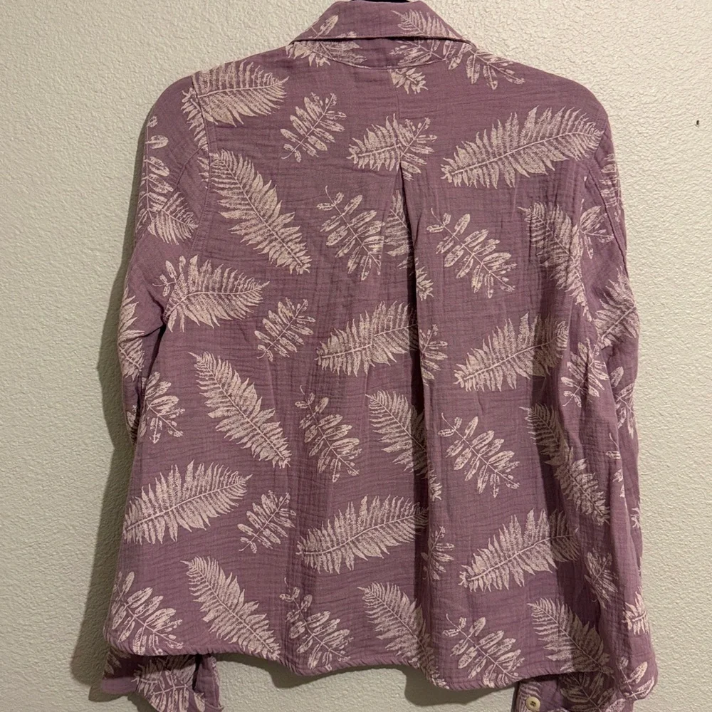 Hello Nite Women's Purple Leaf Print Button Up Long Sleeve Relaxed Fit